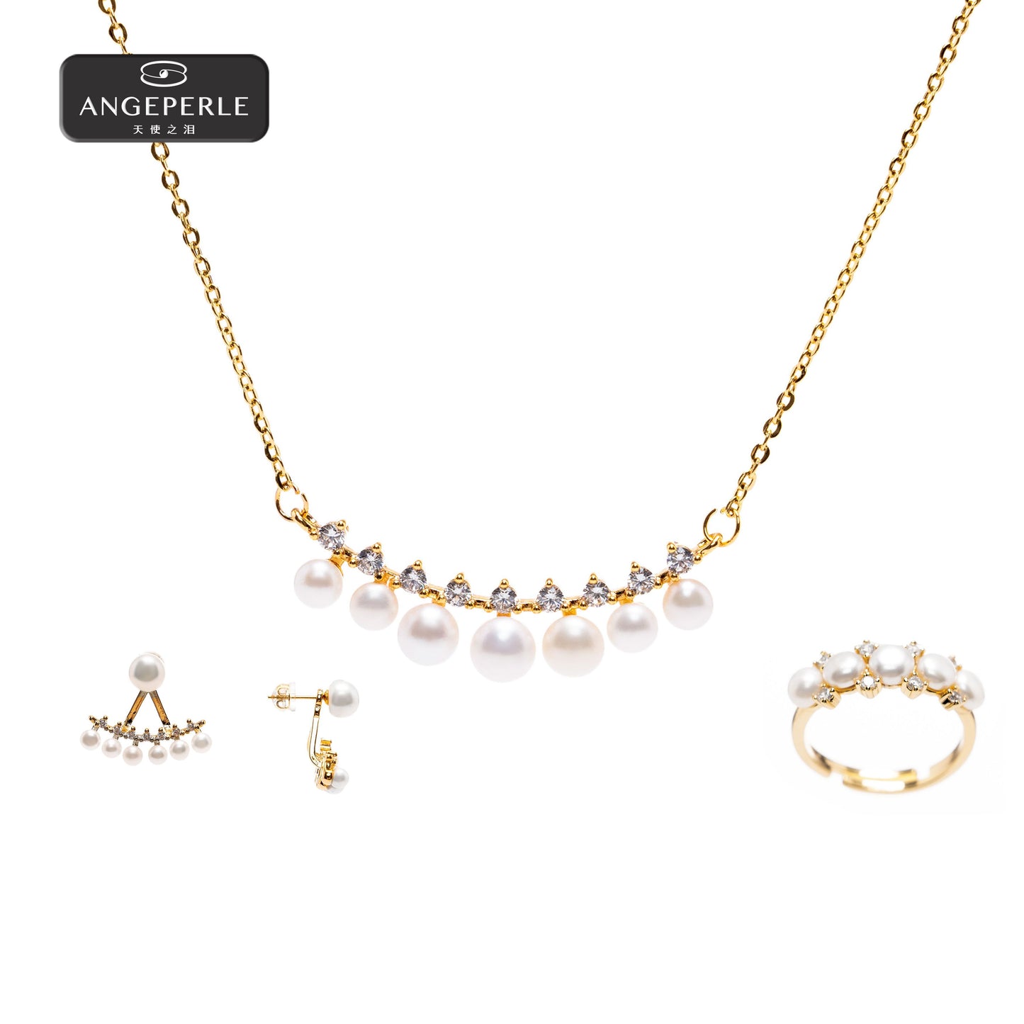 ANGELPERLE Alloy Freshwater Pearl Smile Chain Earrings & Ring 3-Piece Set (TSSL131)